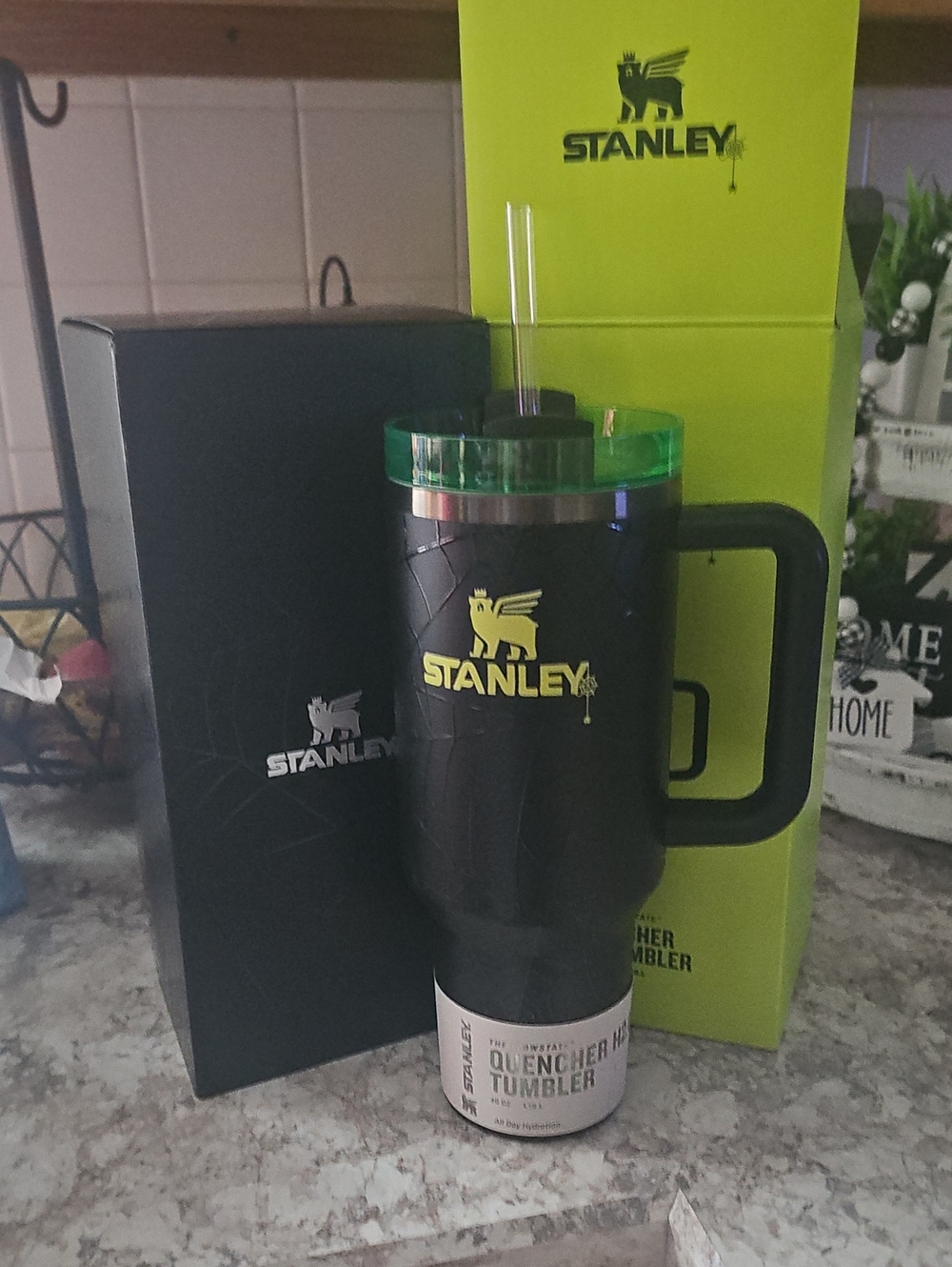 Stanley Black Tumbler with Green Lid and Straw